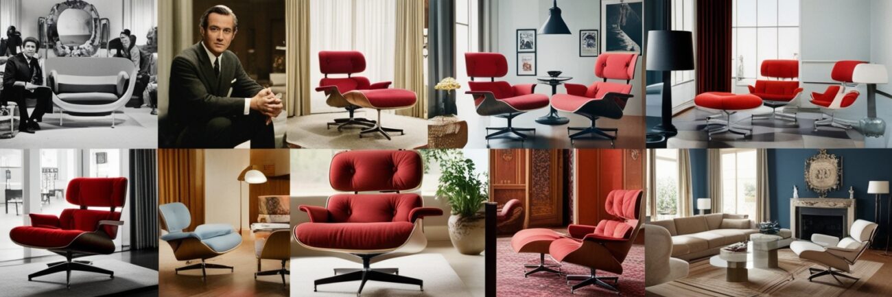 Eames Lounge Chair featured in various iconic settings, including films and exhibitions