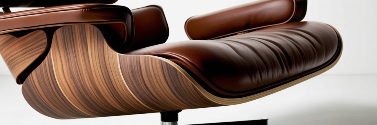 Close-up of the Eames Lounge Chair's molded plywood shell, leather upholstery