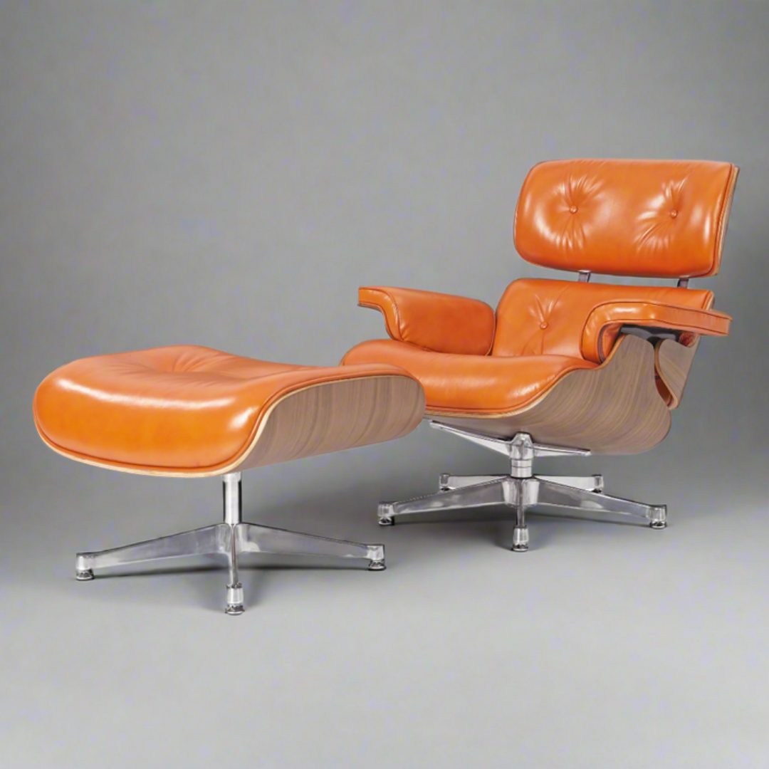 Eames Style Deluxe Chair & Ottoman in Camel Brown Waxed Leather Front view of Eames Mid-Century Modern Chair in Camel Brown Waxed Leather with Chrome Base