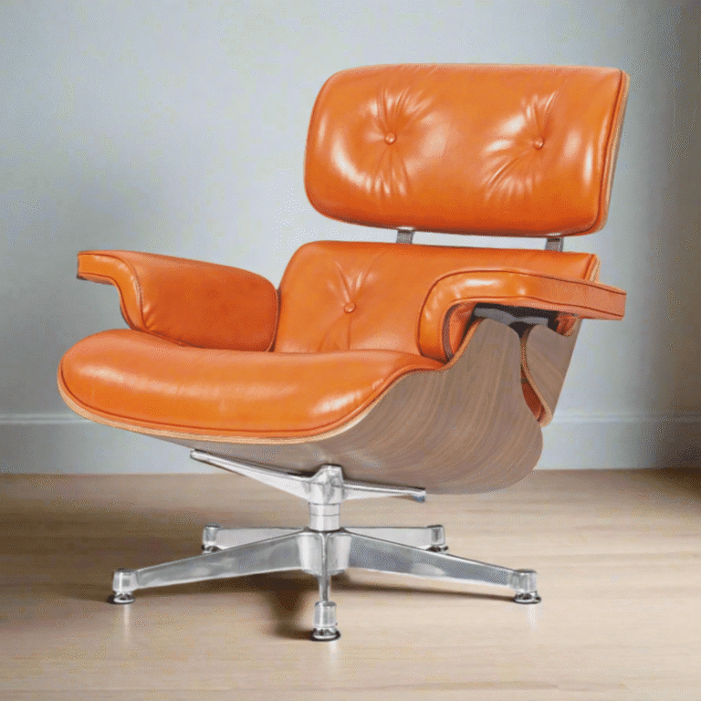 Mid-Century Modern Chair and Ottoman – Eames Deluxe in Camel Brown Leather with Walnut Wood