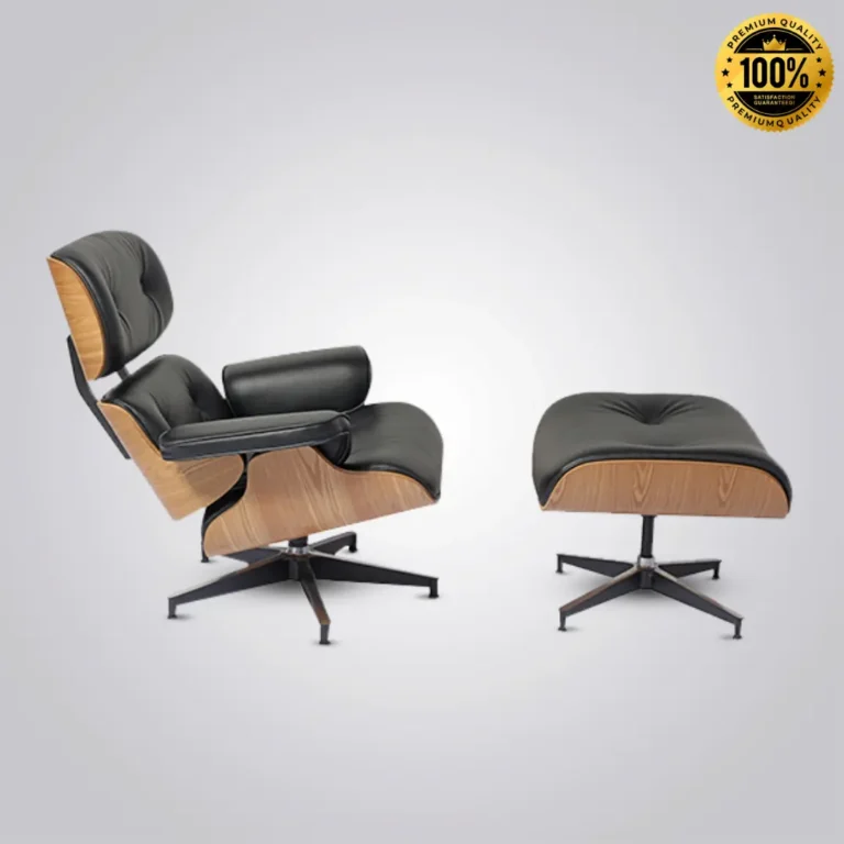 Eames lounge chair replica with normal base and matching ottoman in black ash wood.