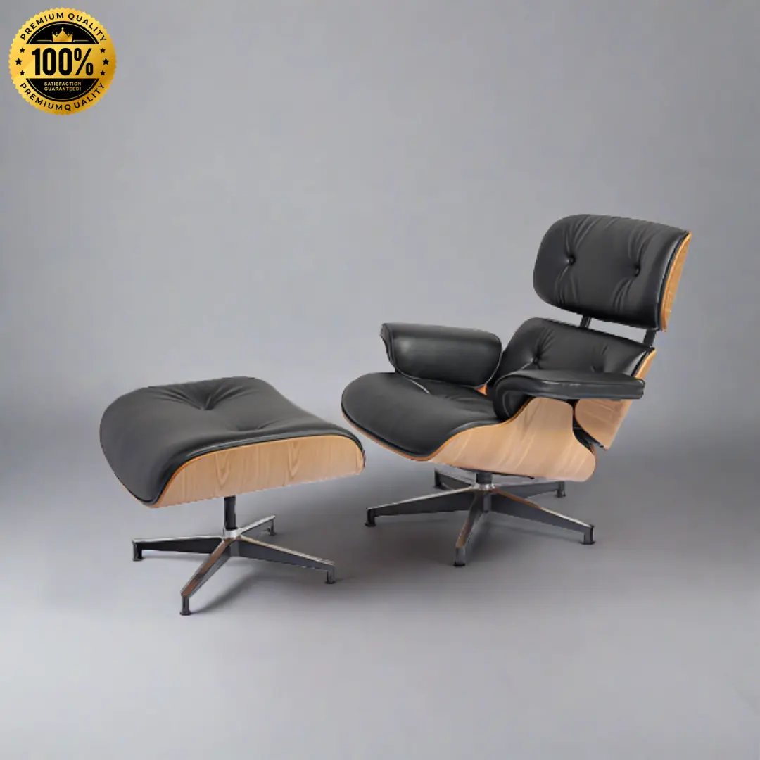 eames-lounge-chair-replica-black-wood-set Angled view of the Eames lounge chair replica and ottoman set with black ash wood finish.
