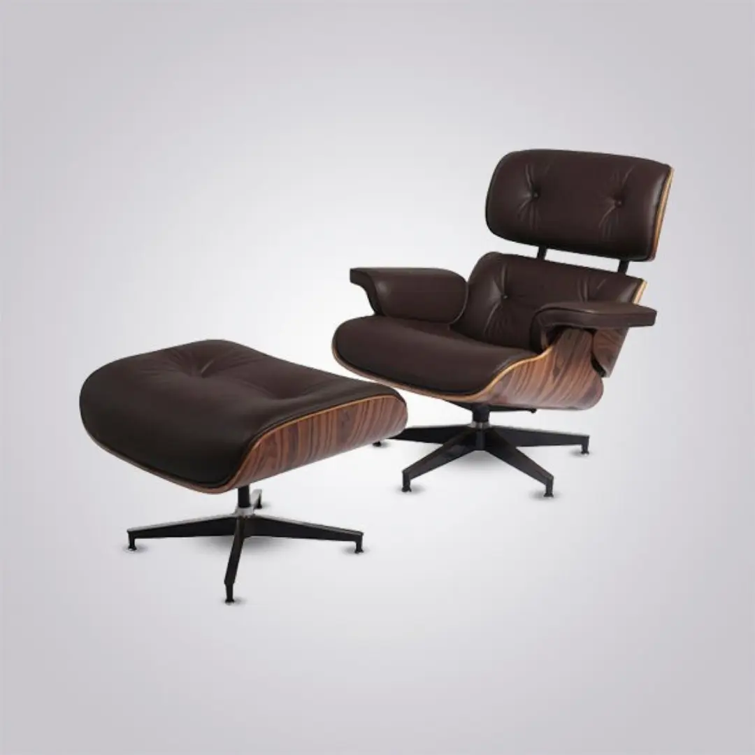 mid-century-eames-lounge-chair-black-leather-rosewood Luxurious Eames Lounge Chair – Rosewood Frame, Brown Leather & Black Base - Image 1