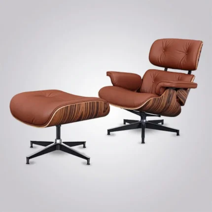 Premium reproduction Eames lounge chair and ottoman set in tan brown aniline leather and rosewood veneer.